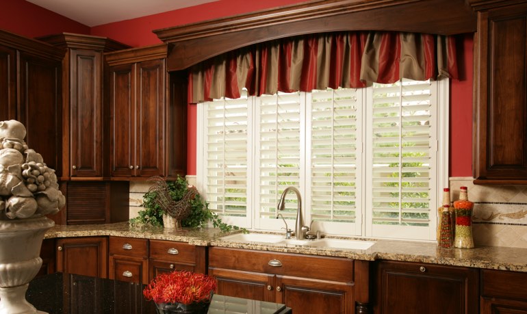 Southern California kitchen shutter and cornice valance